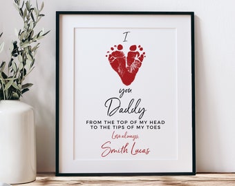 Valentine's Day Gift for New Dad, I Love You Daddy Baby Footprint Red Heart Art Print using Your Child's Feet 8x10 or 11x14 UNFRAMED