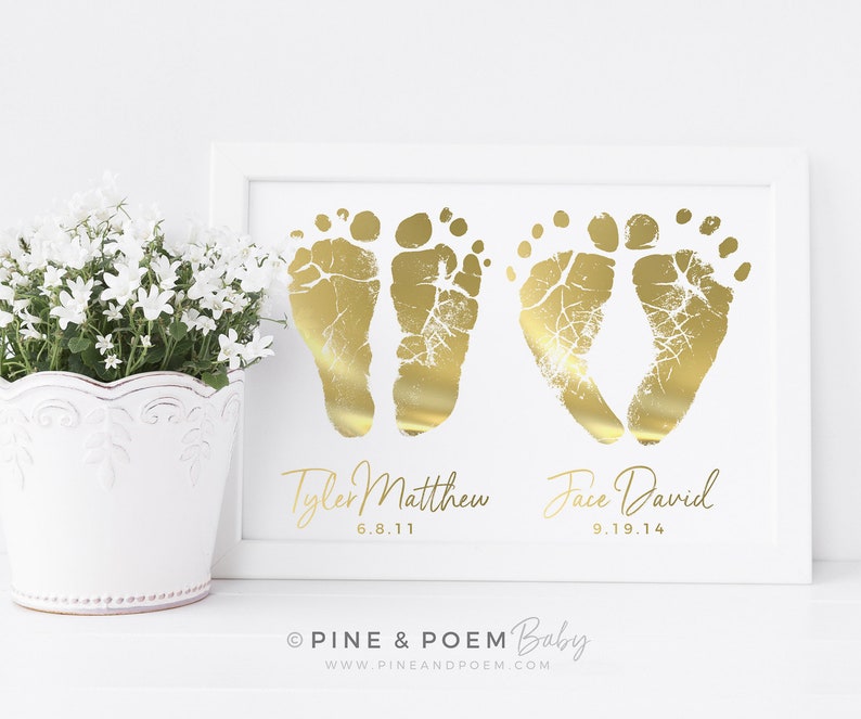 Twin Sibling Gold Foil Art Baby Footprints Print Gift for Etsy