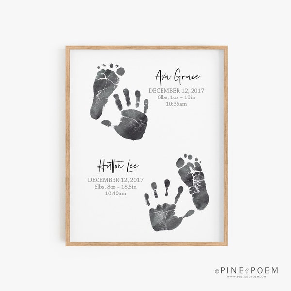 Twin Baby Handprint & Footprint Birth Announcement Wall Art, Nursery Decor, Name Art, New Baby Gift, 8x10 in UNFRAMED