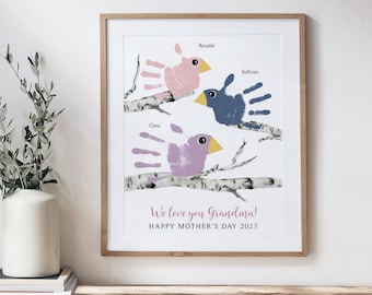 Personalized Grandma Gift, Mother's Day Art print from Grandchildren, Bird Handprint Art Print Kids Actual Hands, 11x14 in UNFRAMED