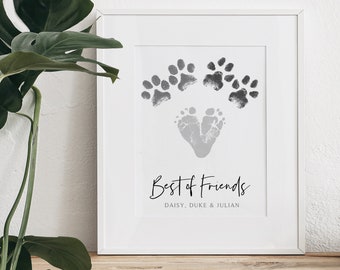 Baby & Dog Footprint Paw Print Art, Gift from Pet, Best of Friends, Personalized with Your child's Feet, 8x10 inches UNFRAMED