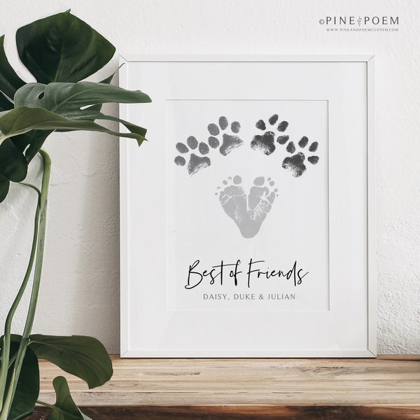 Baby & Dog Footprint Paw Print Art, Gift from Pet, Best of Friends, Personalized with Your child's Feet, 8x10 inches UNFRAMED