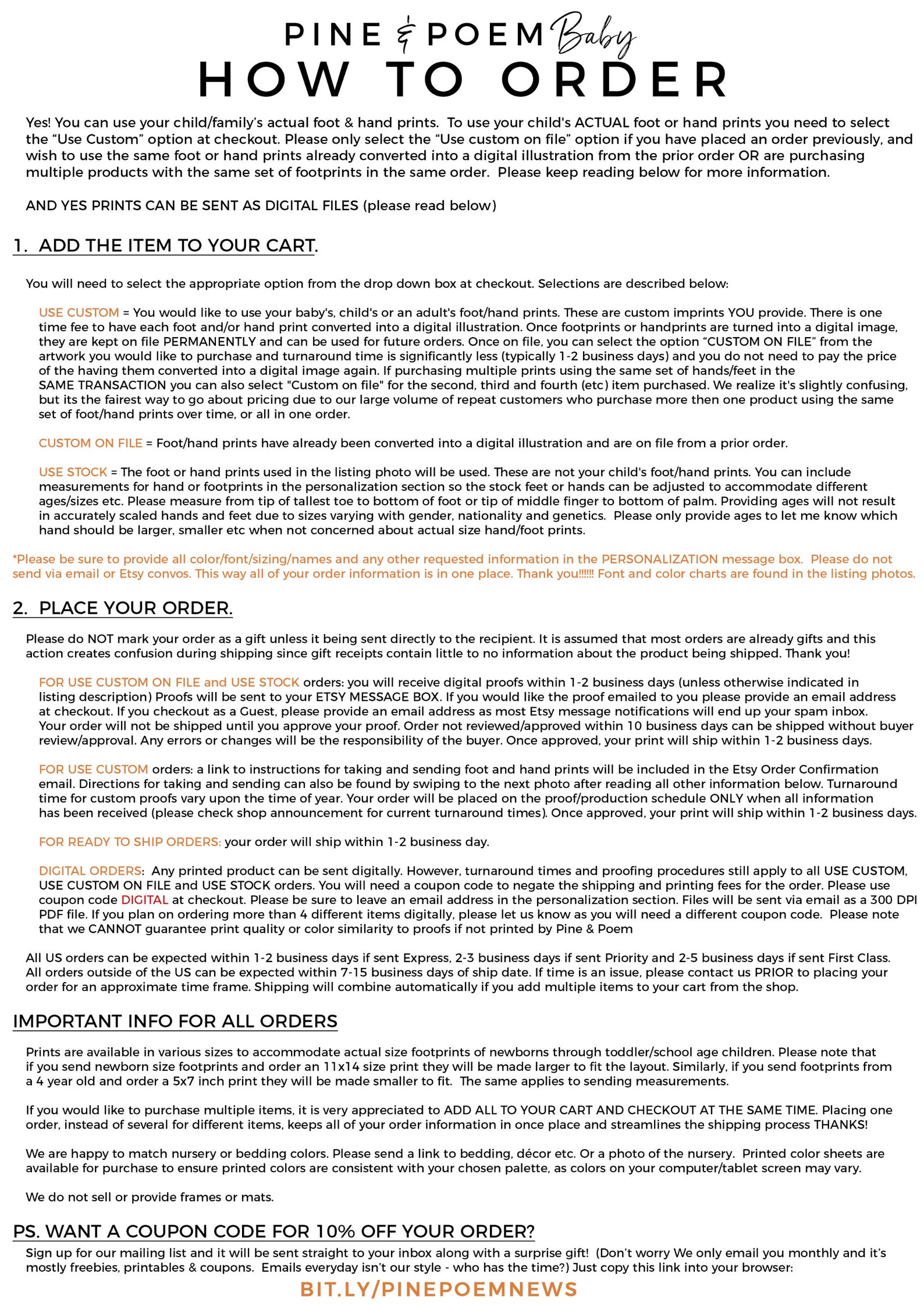 INSTRUCTIONS for how to take and send footprints and Etsy