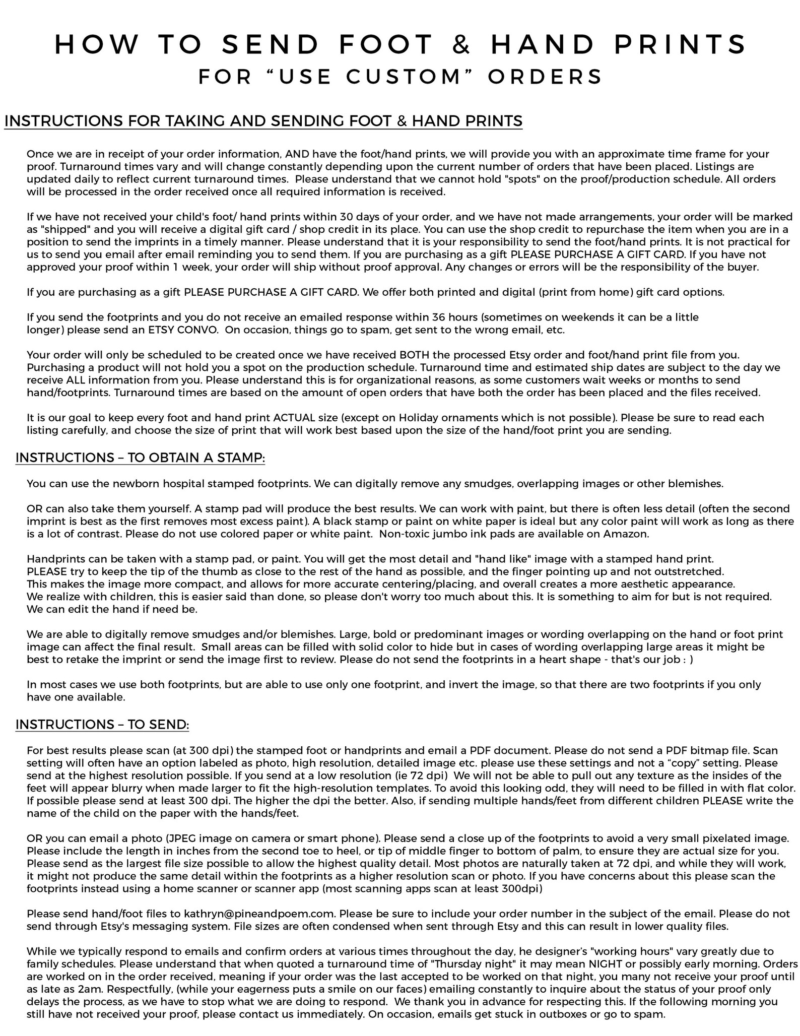 INSTRUCTIONS for how to take and send footprints and Etsy