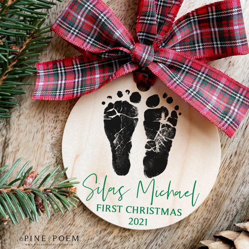 Personalized Baby Footprint First Christmas Ornament with child's actual feet. Wood ornament with baby name and 1st christmas date. Plaid Ribbon, Farmhouse Christmas Gift for New Parents, Mom or Dad