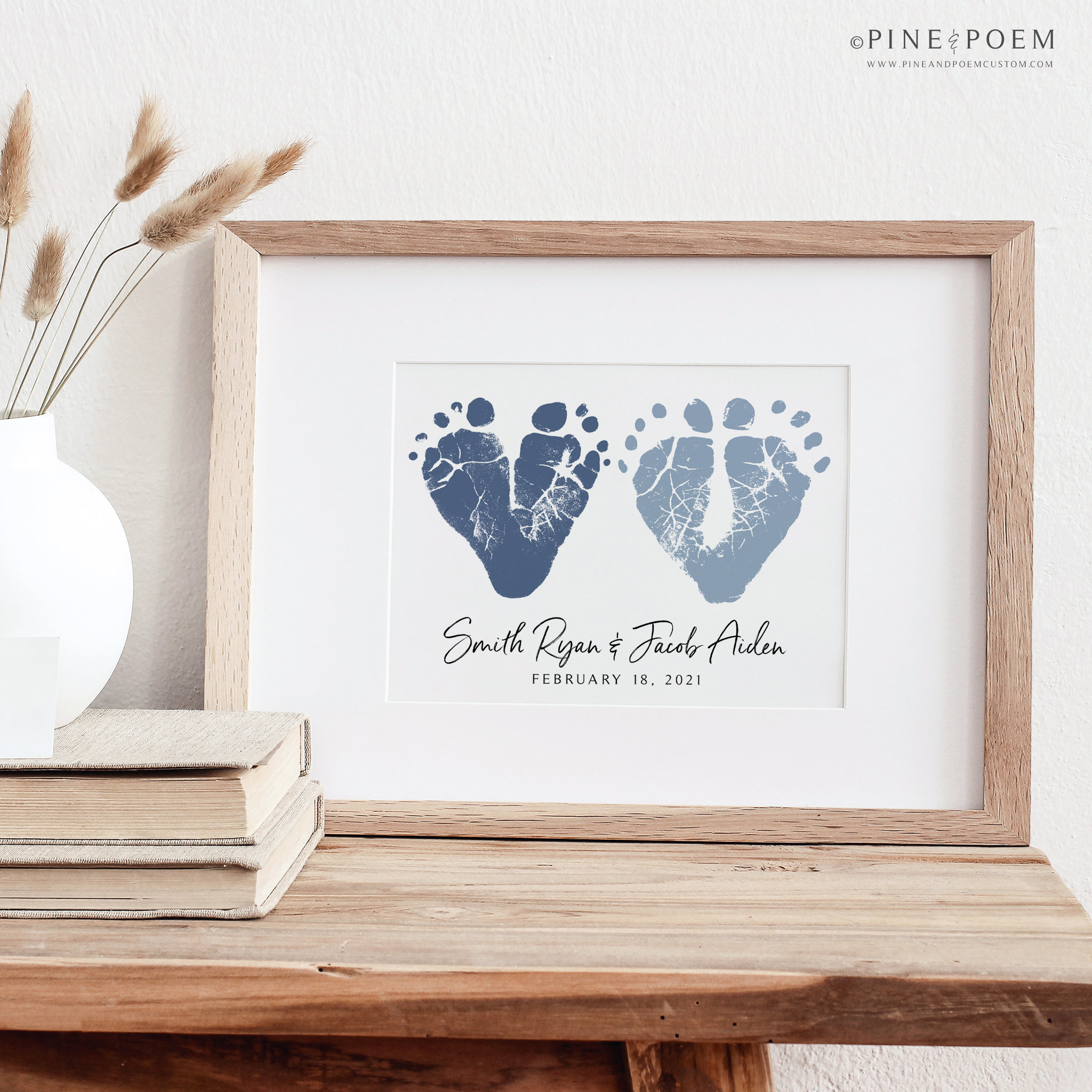 Twin Baby Footprint Heart Art Print: Personalized Newborn Keepsake