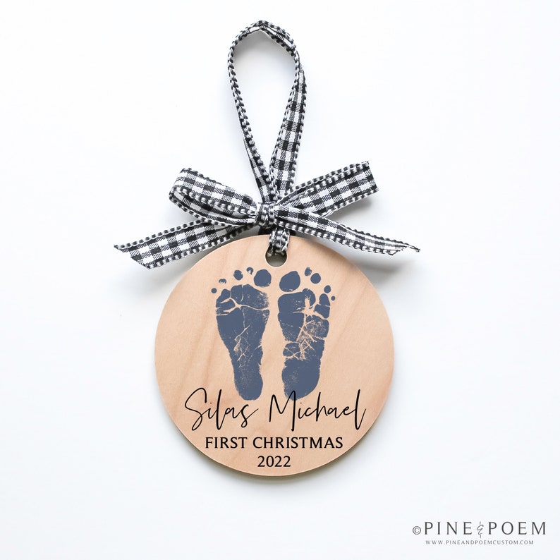 Baby Boy Footprint First Christmas Ornament. Wood ornament with black check ribbon, baby name and date. Farmhouse Christmas Gift for New Parents, Mom or Dad