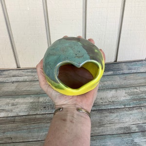 Ceramic Hideout Heart House Yellow and Blue - Aquarium Decoration - Hamster House - Reptile Hide - Fish Tank Accessories - Gecko Hideout