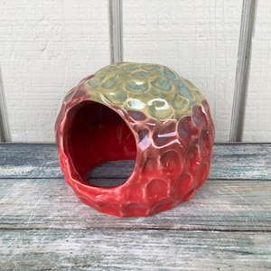 Reptile Hideout Small Ceramic - Fish Hut Round Red and Light Blue - Colorful Aquarium Accessories - Small Toad House - Betta Fish Tank Decor
