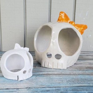 May include: Two white ceramic skull planters, one with a small orange bow. The larger skull has a large opening in the front, while the smaller skull has a smaller opening. Both skulls have a hole in the top for drainage.