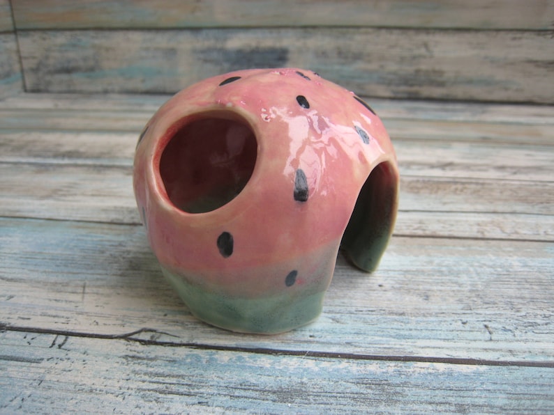 May include: A pink and green ceramic hide with black spots, shaped like a watermelon, with a large opening for small animals to enter.