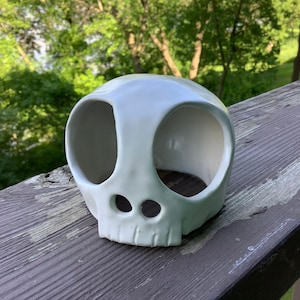 May include: White ceramic skull with hollow eye sockets and a detailed jawline. The skull is sitting on a wooden surface.