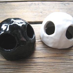 May include: Two ceramic cave hideouts for small animals, one black and one white, with two holes each.