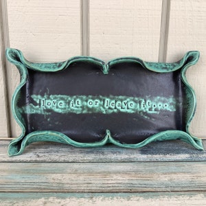 Ceramic Rolling Tray Handmade - Love It or Leave It - Handmade Pottery Dish - Small Tray Teal and Dark Grey - Square Spoon Rest - Organizer