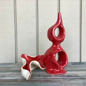 Aquarium Decorations Red Surrealist Ceramic Sculptures - Fish Tank Decor - Fish and Reptile Supplies - Curled Leaf Betta Fish Cave Hideout