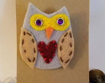 Folk art owl brooch, felt and found objects