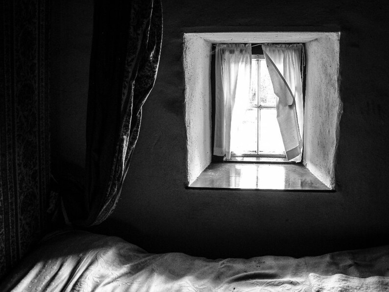 black and white print - bed at the window fine art photograph - vintage  ireland photography - bedroom decor - romantic print