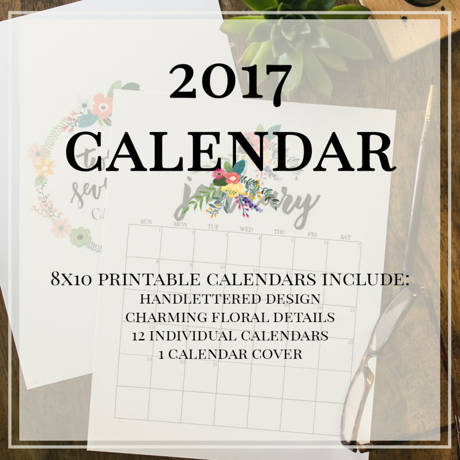 2017 Calendar Printable Calendar 8x10 Calendar Wall Etsy