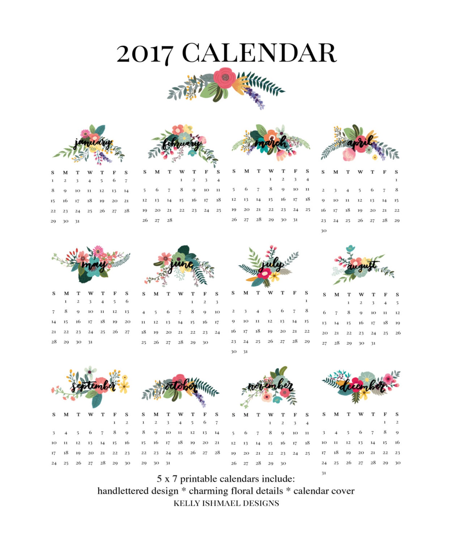 2017 Calendar / Printable Calendar / 5x7 Calendar / Desktop | Etsy