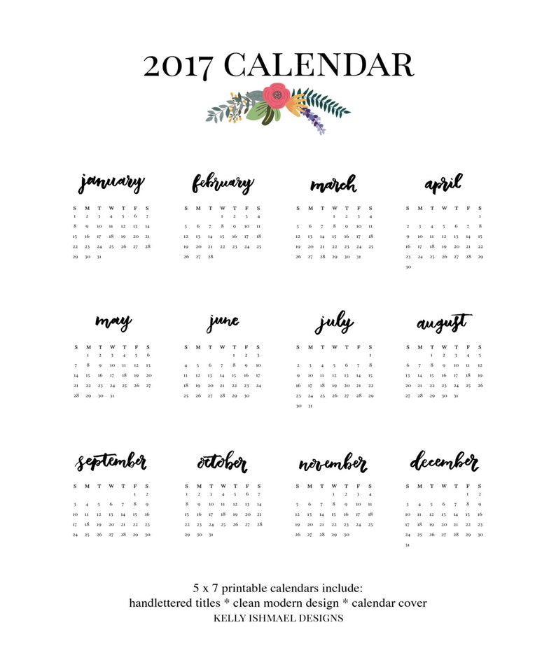 2017 calendar / printable calendar / 5x7 calendar / desktop | Etsy