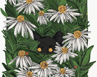 Black Cat Print A3 - Cat Art - Garden Art - Cat Gift - Cat Decor