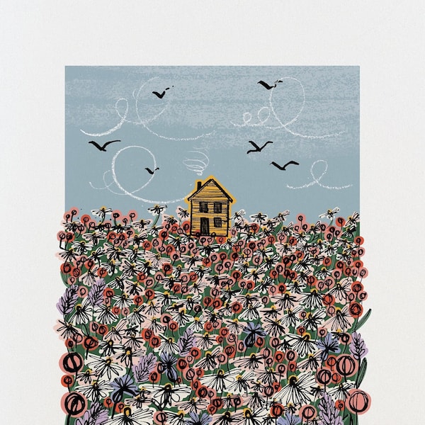 Wildflower Meadow Cabin Print - Rural Spring Flowers Landscape, Log Cabin Print , A3