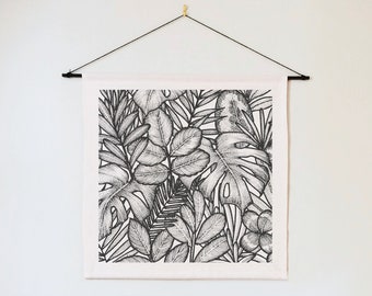Monstera Palm Print Wall Tapestry, Woven Plant Wall Hanging, Boho Decor, Textile Art