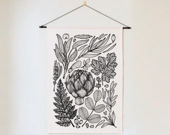 Vintage Style Plant Print Tapestry- Woven Wall hanging, Boho Kitchen Decor