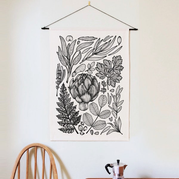 Vintage Style Plant Print Tapestry- Woven Wall hanging, Boho Kitchen Decor