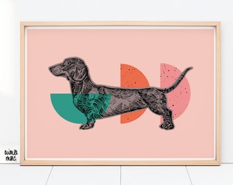 Pink Sausage Dog Art Print - Digital Download - Sausage Dog Gift, Dachshund Wall Art, Quirky Print