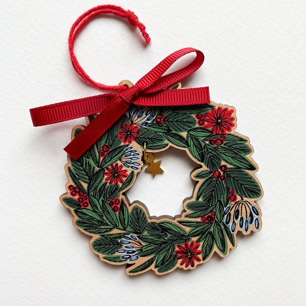 Holiday Wreath Christmas Tree Decoration, Traditional Botanical Luxury Handmade Wooden Ornament