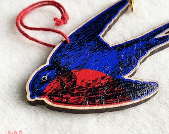 Flying Swallow Bird Wooden Decoration - Kitsch Hanging Bird Ornament, Bird Decor