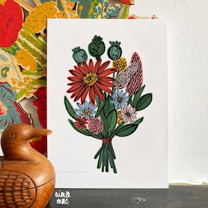 Floral Print - Posy Bouquet Print - Cosmos Poppy Flower Arrangement, Floral Wall Art