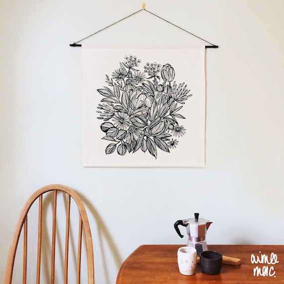 Botanical Wall Hanging - Fabric Wall Tapestry - Peony Flower Print - Wildflower Print Wall Decor