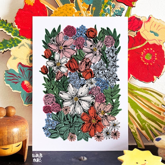 Wildflower Print - Cosmos Flower Print, Floral Botanical Art, Colourful Wall Decor