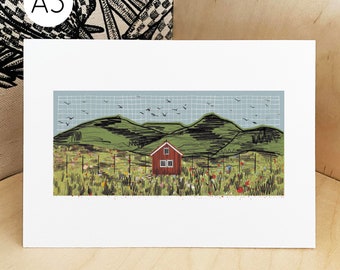 Red Cabin Mountain Landscape Print