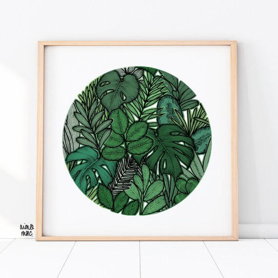 Tropical Palm Circle Print - Botanical Print - Cheese Plant Print - House Plants - 30 x 30