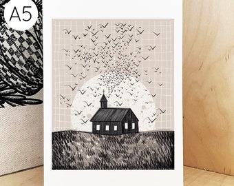 Norwegian Church Print - A5 - Landscape Art Print, Gothic Art Print, Bleak Landscape