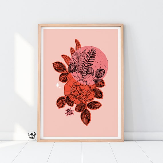 Colour Block Rose / Sage / Ladybird Print - A4/A3 - Pink Red Wall Art - Botanical Print - Rose Print - Floral Illustration