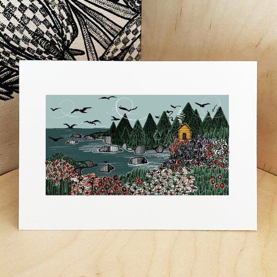 Coastal Log Cabin Print - Scandi Hygge Seascape - Floral Meadow Landscape Art, A3