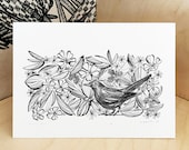 Blackbird Hedgerow ORIGINAL Pen & Ink Drawing Illustration - British Bird Art, Songbird Art, British Wildlife Art