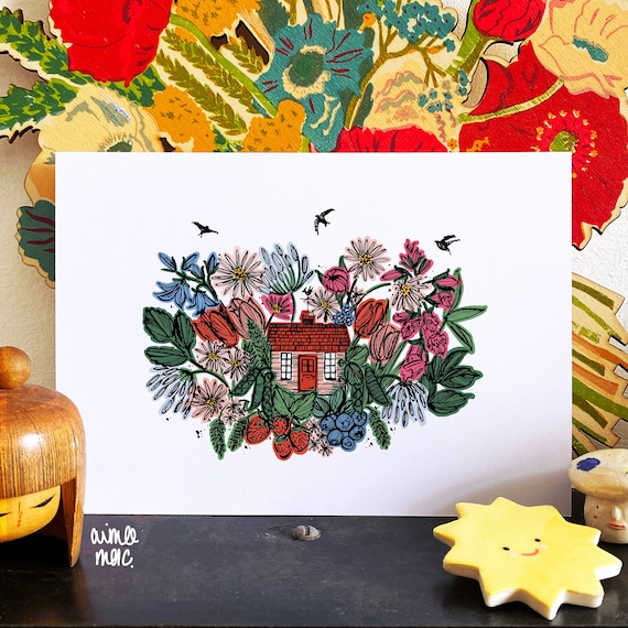 Tiny Wildflower House Print - Strawberry Cottage, Fairy Garden