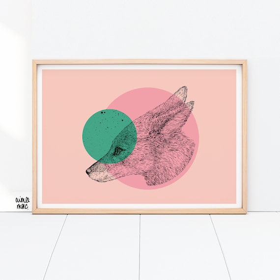 Colour Block Fox Print- A4/A3 - Pink Green Wall Art - Fox Illustration