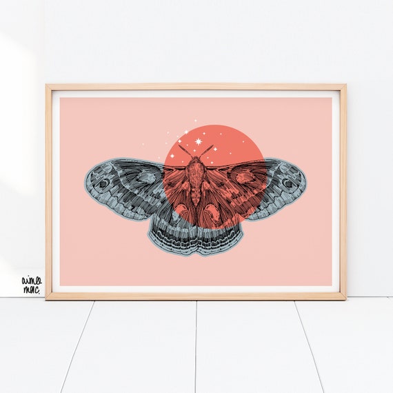 Colour Block Cecropia Moth Print - A4/A3 - Pink Blue Orange Wall Art - Moth Illustration -Insect Poster