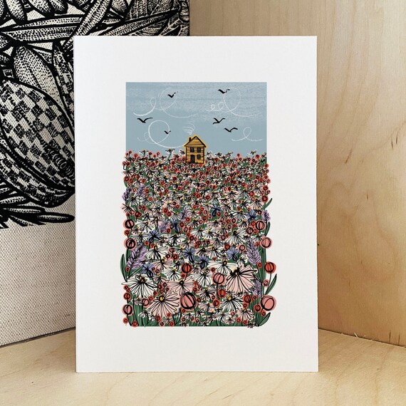 Wildflower Meadow Cabin Print - Rural Spring Flowers Landscape, Log Cabin Print , A3