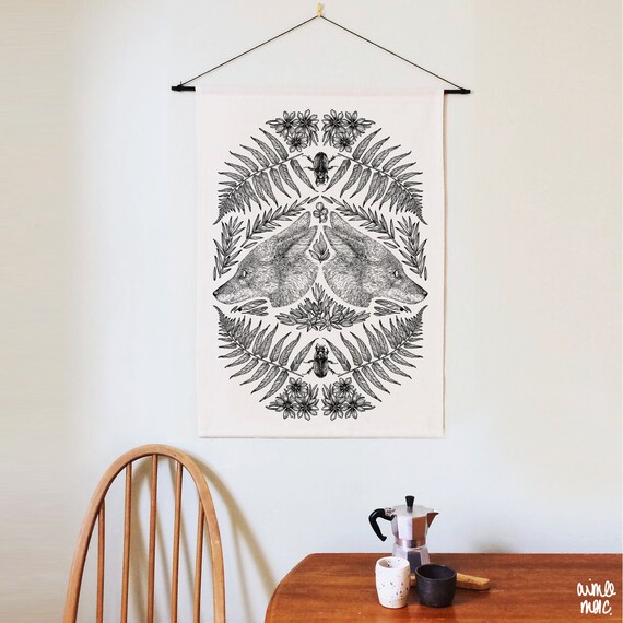Fox / Fern Forest Print Botanical Woven Textile Wall Hanging 50 x 80 - Rustic Decor - Boho Decor