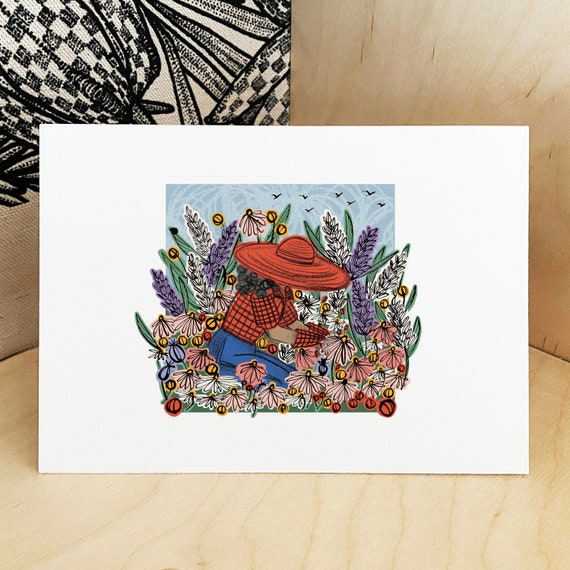 WOC Gardener Girl Print - Female Gardener Print, Country Garden Print, Flower Garden Print, Gardening Art Gift, Wildflower Garden Print