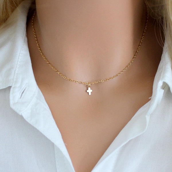 Tiny Cross Necklace, Gold Cross Necklace, Dainty Cross Choker, Small Cross Necklace, Delicate Necklace, Silver Cross, Minimalist Necklace