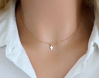Tiny Cross Necklace, Gold Cross Necklace, Dainty Cross Choker, Small Cross Necklace, Delicate Necklace, Silver Cross, Minimalist Necklace