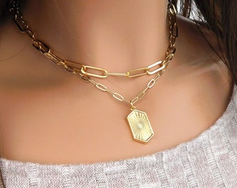 18k Gold Filled Paper Clip Necklace Set, Multi Layer Hexagon Choker Necklace Set, Link Paper Clip Chain Necklace, Women's Gifts